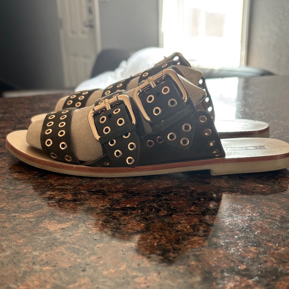 Sol Sana Tan and Black Sandals with Buckle Accents